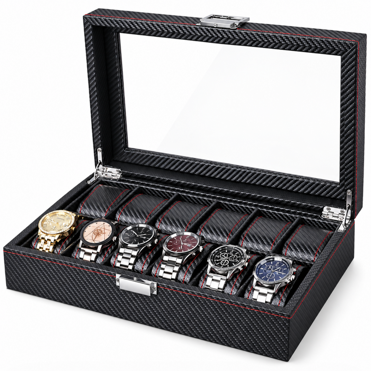 Boîte à Montres 10 Compartiments Effet Carbone – Monza