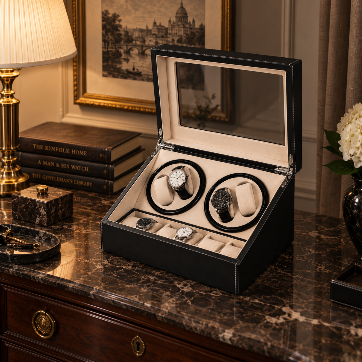 Remontoir Automatique pour 4 Montres avec Boîte de Rangement pour 6 Montres