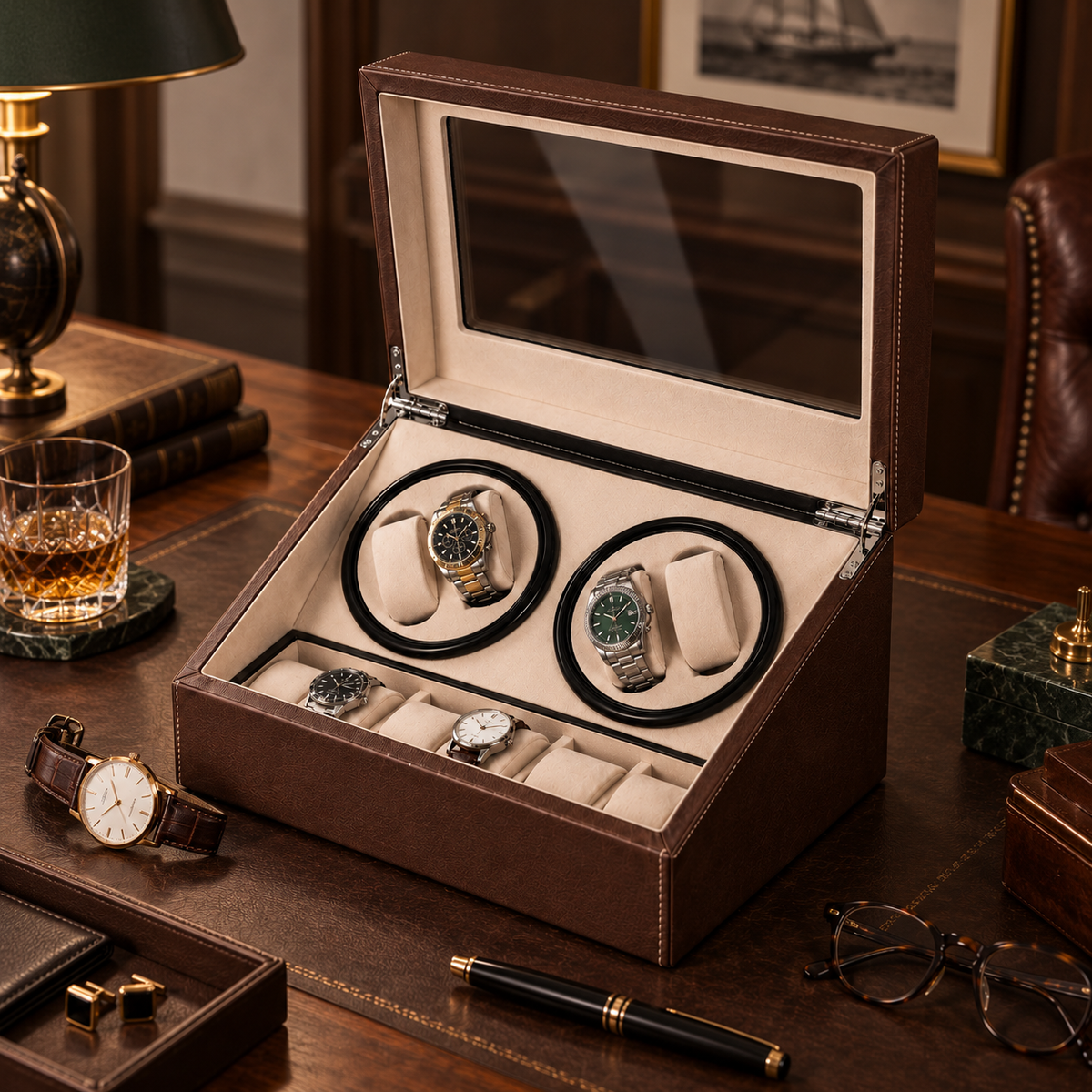 Remontoir Automatique pour 4 Montres avec Boîte de Rangement pour 6 Montres