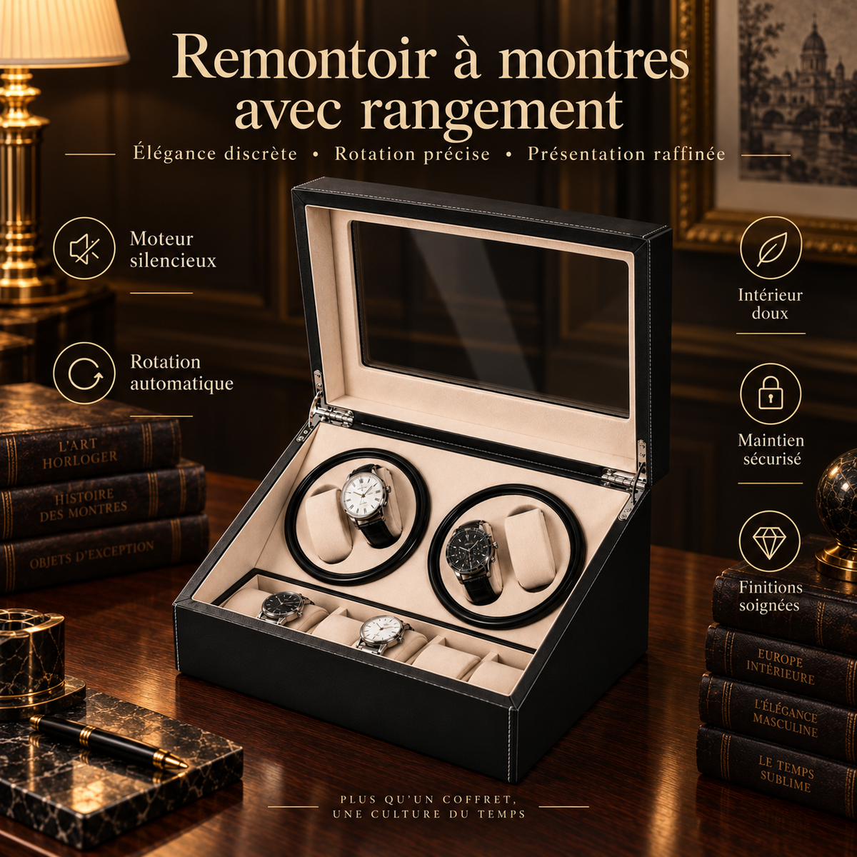 Remontoir Automatique pour 4 Montres avec Boîte de Rangement pour 6 Montres