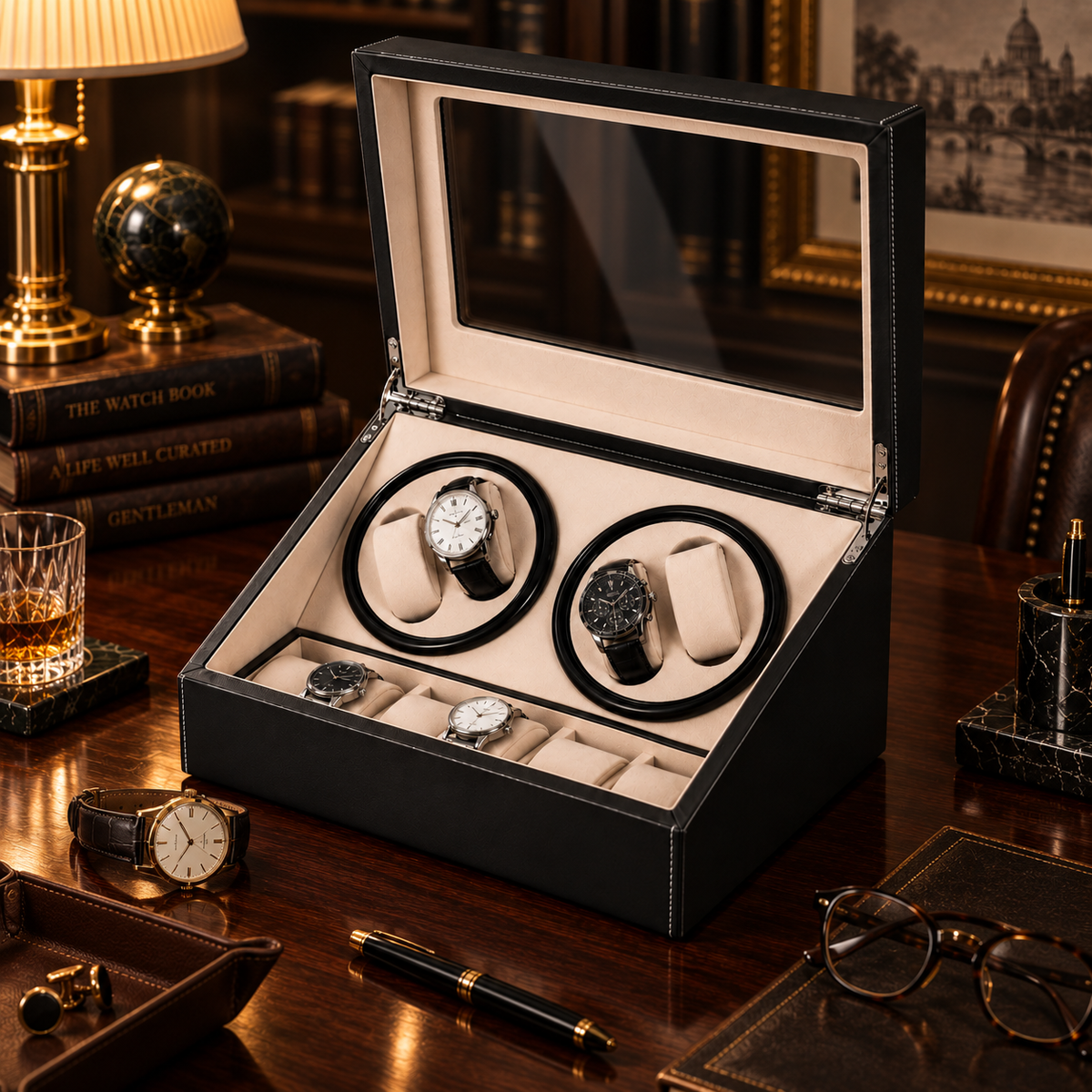 Remontoir Automatique pour 4 Montres avec Boîte de Rangement pour 6 Montres