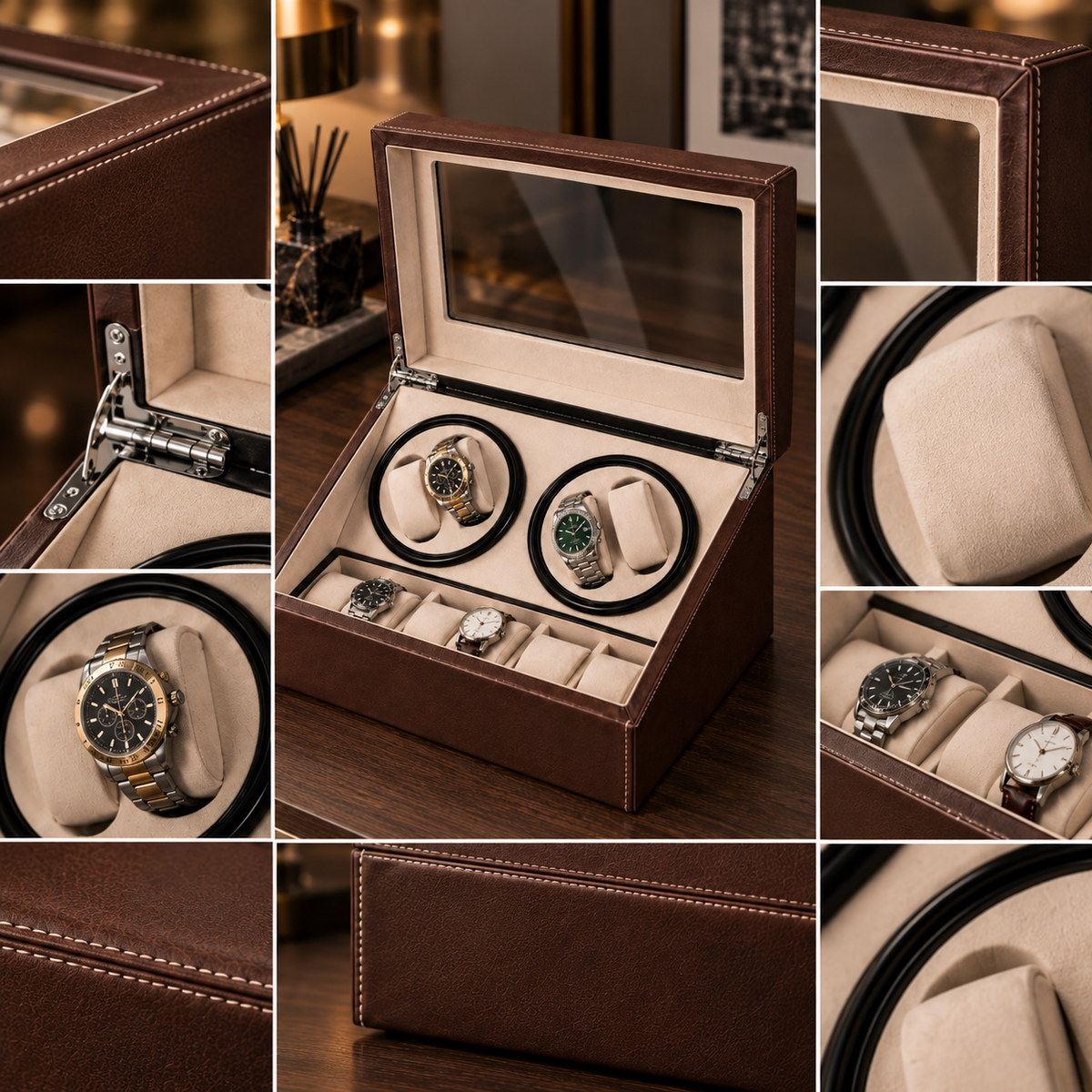 Remontoir Automatique pour 4 Montres avec Boîte de Rangement pour 6 Montres