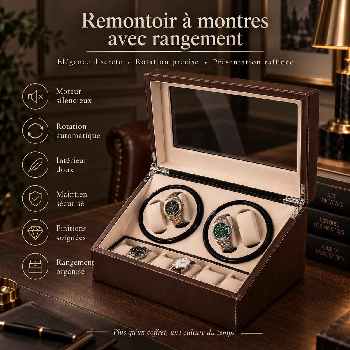 Remontoir Automatique pour 4 Montres avec Boîte de Rangement pour 6 Montres