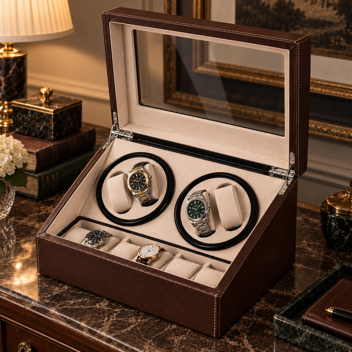 Remontoir Automatique pour 4 Montres avec Boîte de Rangement pour 6 Montres