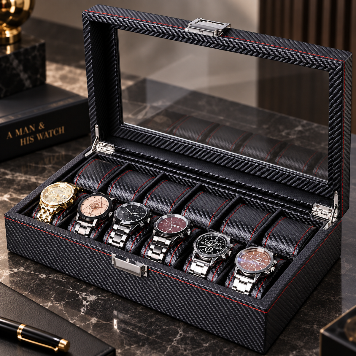 Boîte à Montres 10 Compartiments Effet Carbone – Monza